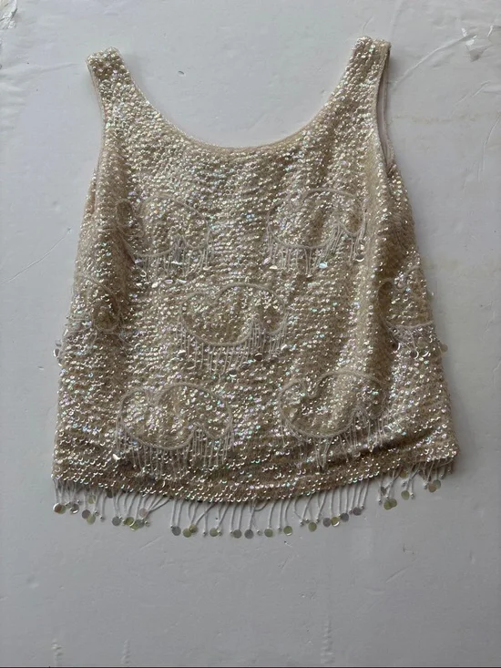 Vintage 60’s Beaded Sequins Cream Pastel Large Wool Embellished Bridal 50’ Large - Picture 3 of 17